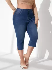 SHEIN Essnce Plus High Waist Split Hem Skinny Jeans - Dark Wash - View 3