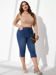 SHEIN Essnce Plus High Waist Split Hem Skinny Jeans - Dark Wash - View 5