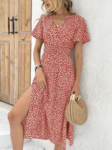 SHEIN VCAY Ditsy Floral Print Split Thigh Dress - Red - View 1