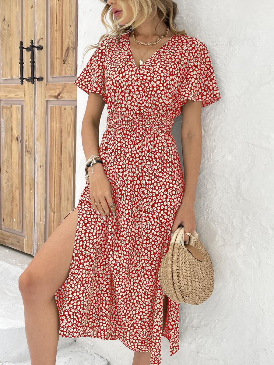 SHEIN VCAY Ditsy Floral Print Split Thigh Dress - Red - View 1