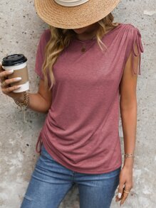 SHEIN LUNE 素色側抽繩蝙蝠袖T恤 - 藕粉色 - 查看 1