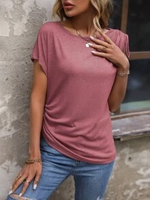 SHEIN LUNE 素色側抽繩蝙蝠袖T恤 - 藕粉色 - 查看 5