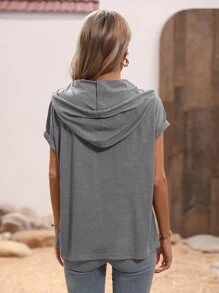 SHEIN LUNE Half Button Batwing Sleeve Drawstring Hooded Tee - Dark Grey - View 2