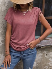 SHEIN LUNE 素色側抽繩蝙蝠袖T恤 - 藕粉色 - 查看 6