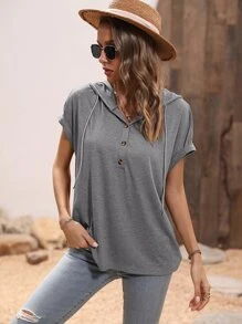 SHEIN LUNE Half Button Batwing Sleeve Drawstring Hooded Tee - Dark Grey - View 6