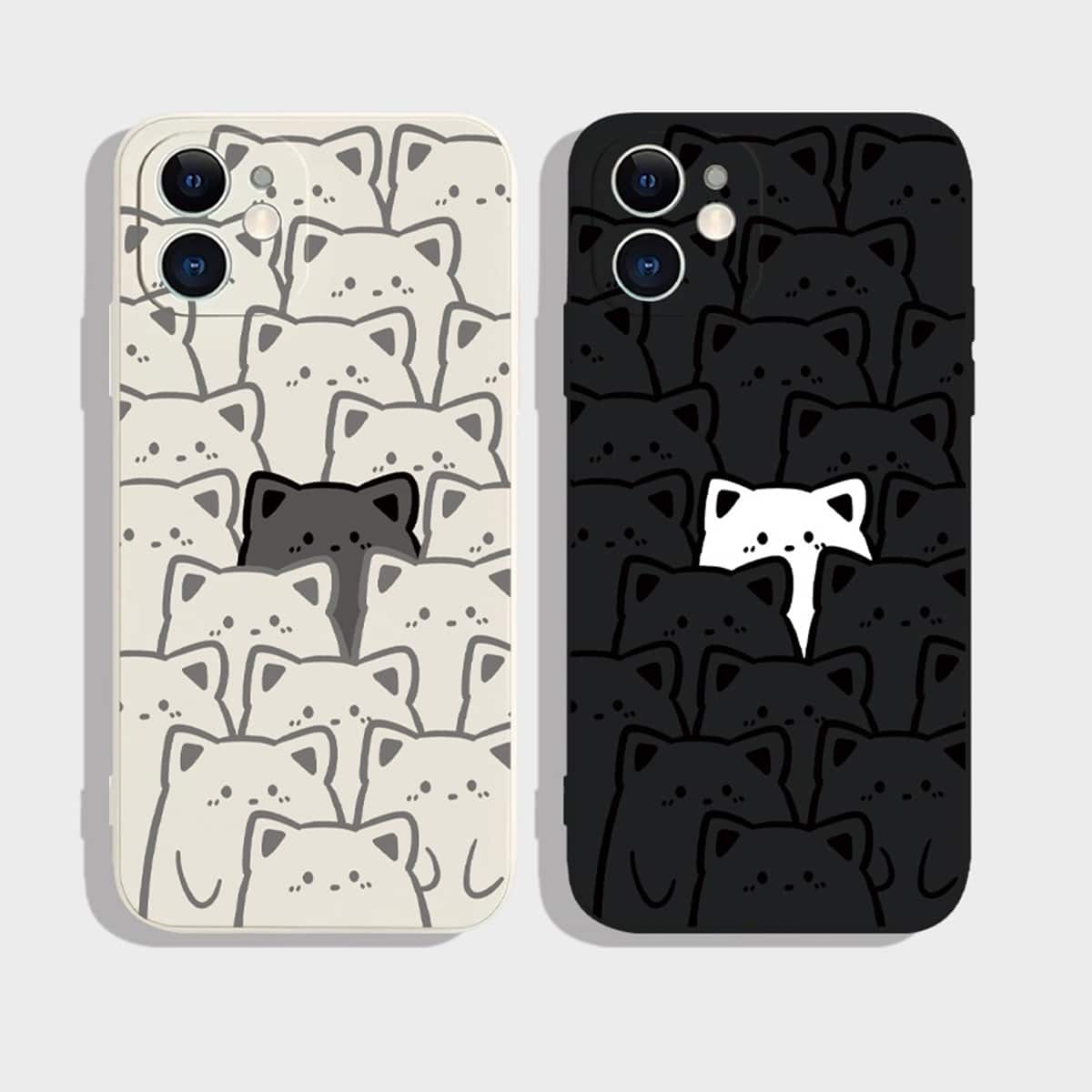 Black White Cute Cat Pattern Fashion 2pcs Couple Creative Shockproof Phone Case Compatible With IPhone 11, 12, 13, 14, 15, 16, 12 Pro, 13 Pro Max, 16 Plus, XR, 14 Pro, 17 Pro Max And Other Models Anniversary Gift Birthday Party