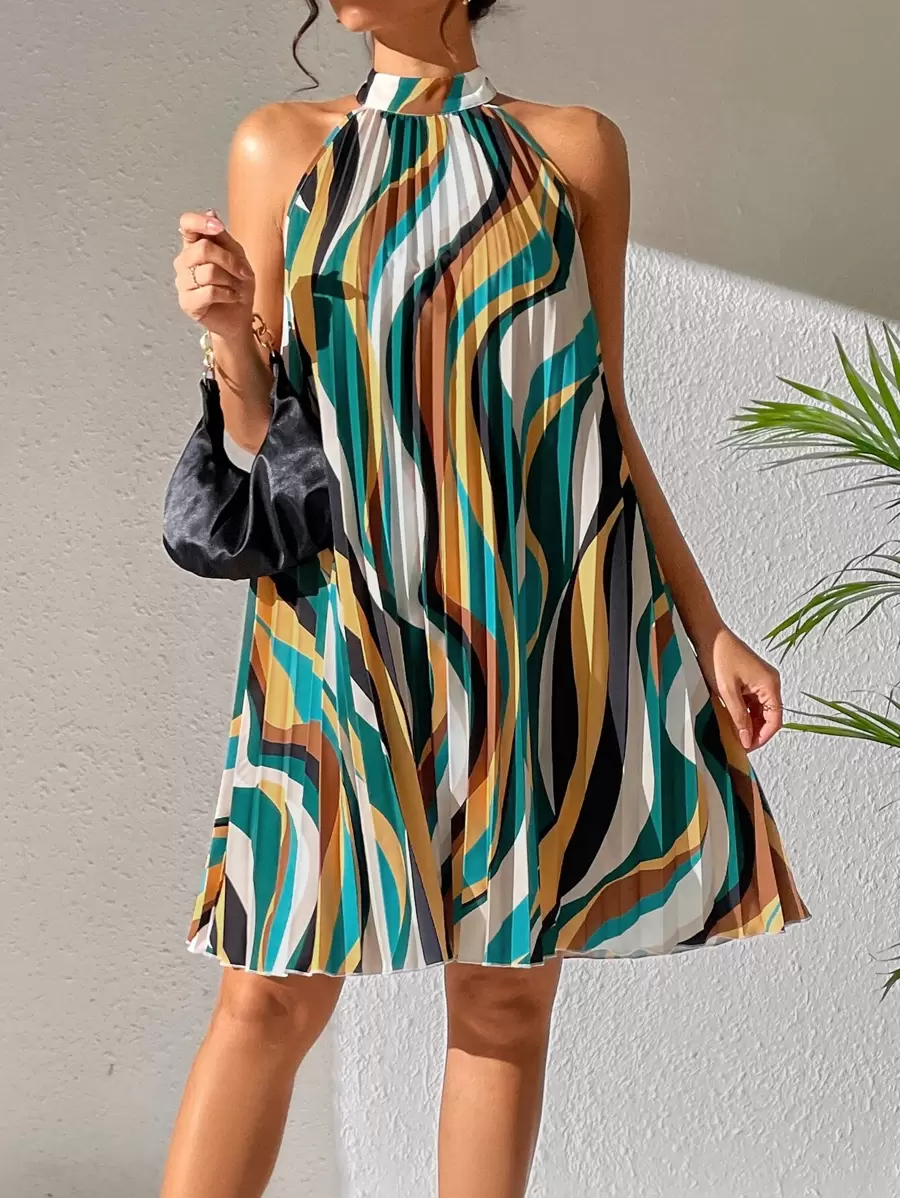 Breezaya 滿版印花繞頸百褶連衣裙 - 彩色 - 查看 1