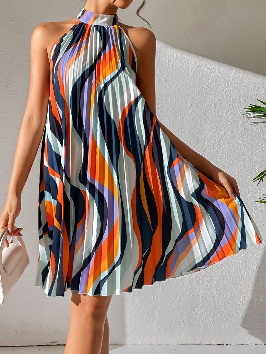 Breezaya Allover Print Halter Neck Pleated Dress - Multicolor - View 1
