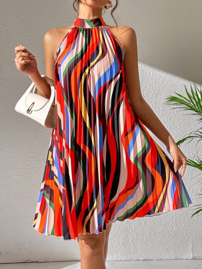 Breezaya Allover Print Keyhole Back Halter Neck Pleated Detail Dress