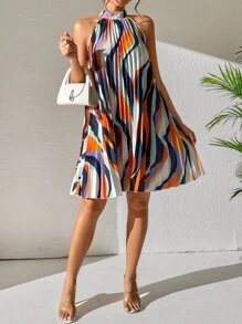 Breezaya Allover Print Halter Neck Pleated Dress - Multicolor - View 3