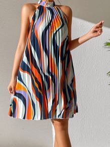Breezaya Allover Print Halter Neck Pleated Dress - Multicolor - View 5