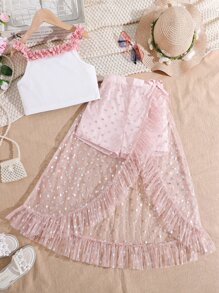 女孩褶邊吊帶上衣和星星網紗覆蓋荷葉邊短褲