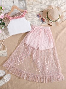 女孩褶邊吊帶上衣和星星網紗覆蓋荷葉邊短褲