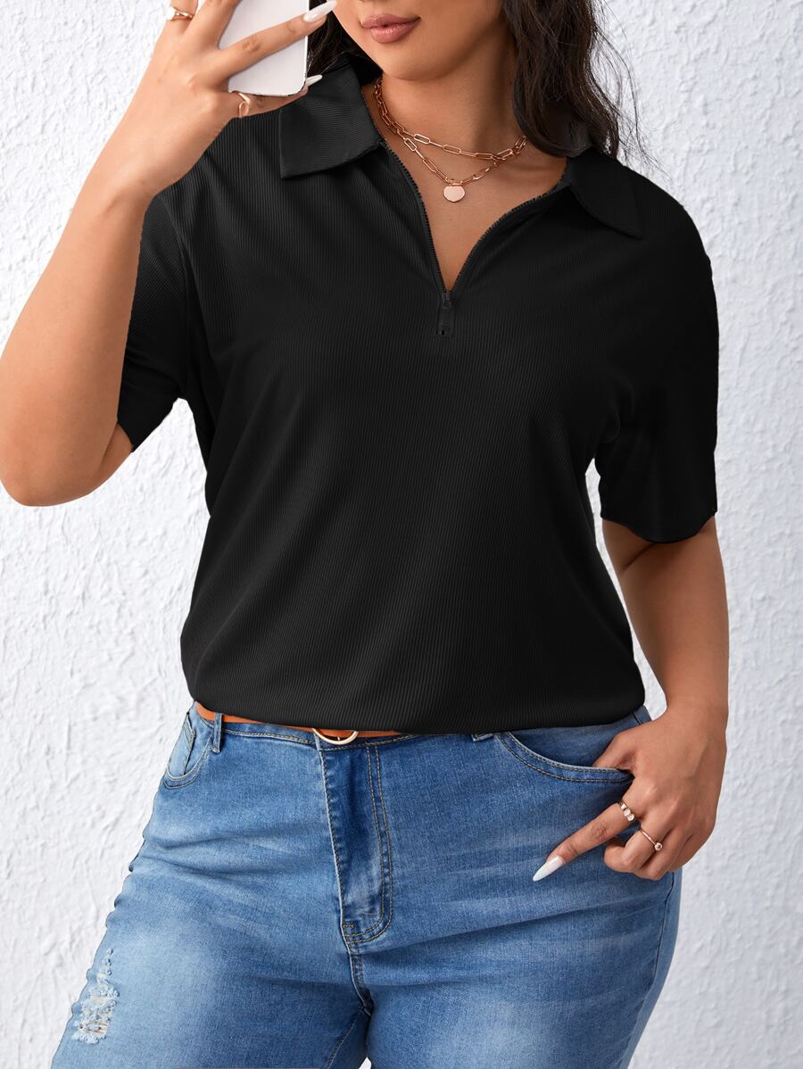 SHEIN Essnce Plus Solid Half Zip Tee - Black - View 1