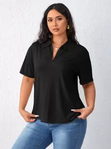 SHEIN Essnce Plus Solid Half Zip Tee - Black - View 4