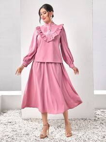 Modelyn Ruffle Trim Lantern Sleeve Blouse & Belted Skirt - Dusty Pink - View 4