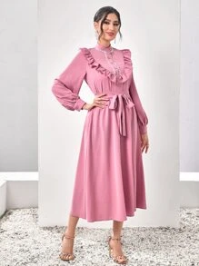 Modelyn Ruffle Trim Lantern Sleeve Blouse & Belted Skirt - Dusty Pink - View 1