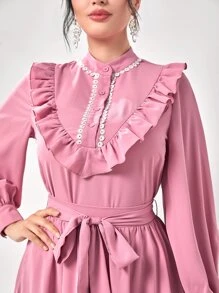 Modelyn Ruffle Trim Lantern Sleeve Blouse & Belted Skirt - Dusty Pink - View 6