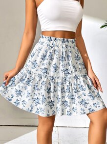 SHEIN Holidaya 印花紙袋腰荷葉邊半身裙 - 白色 - 查看 3