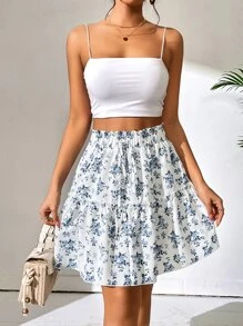 SHEIN Holidaya 印花紙袋腰荷葉邊半身裙 - 白色 - 查看 5