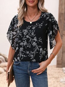 SHEIN Clasi Floral Print Petal Sleeve Blouse