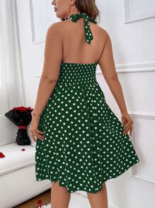 Celure Plus Polka Dot Print Tie Backless Halter Neck Dress - Green - View 2