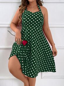Celure Plus Polka Dot Print Tie Backless Halter Neck Dress - Green - View 5