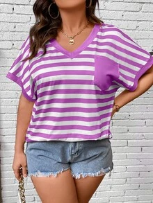 SHEIN LUNE Camiseta con estampado de rayas con parche de bolsillo de manga murciélago - Morado - Ver 3