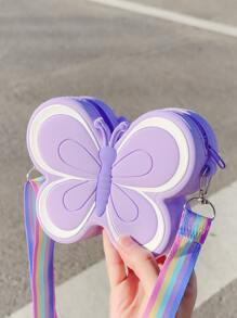 1pc Young Children's Mini Butterfly Silicone Zipper Closure Crossbody Bag, Suitable For Daily Use In All Seasons, Purple - Purple - View 5