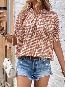 SHEIN LUNE Allover Print Batwing Sleeve Frill Neck Drawstring Sleeve Blouse - Orange - View 3