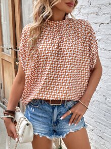SHEIN LUNE Allover Print Batwing Sleeve Frill Neck Drawstring Sleeve Blouse - Orange - View 5