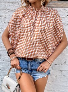 SHEIN LUNE Allover Print Batwing Sleeve Frill Neck Drawstring Sleeve Blouse - Orange - View 6