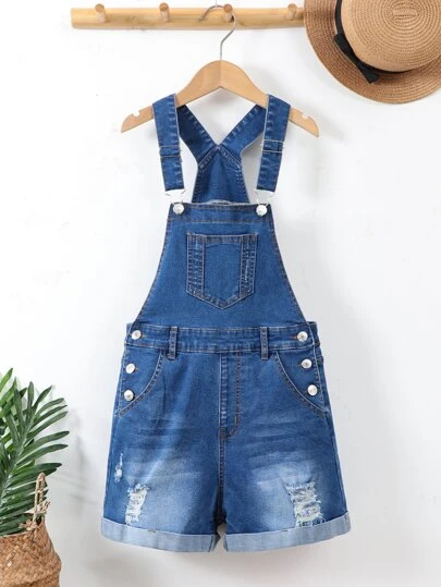 SHEIN Sparklyn Teen Girls Ripped Roll Up Hem Denim Overall Romper