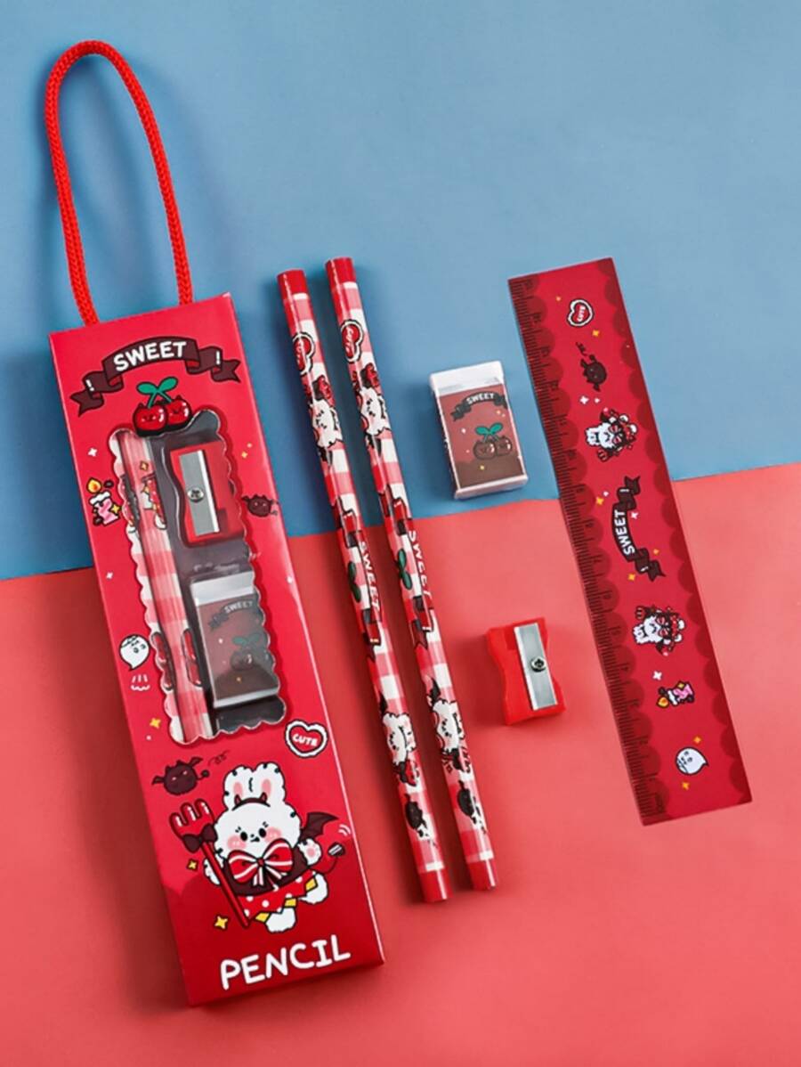 Bộ văn phòng phẩm đồ họa hoạt hình 5 cái - Màu Đỏ Sâu - Xem 1