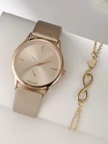 2pcs Women's Luxury Elegant Fashion Vibe Watch + Exquisite Bracelet, Excellent Gift For Her On Holidays - Gold - View 2