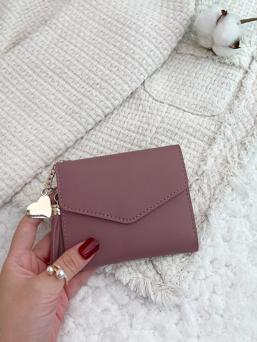 Heart & Tassel Decor Flap Credit Card Small ID Window Slim Women Wallet Mini Lightweight Minimalist Fashion Modern Business Anniversary On Valentine Day For Birthday Gift Female Lady Girls Women Gift Heart Business Casual School Supplies Teacher Gifts Back To School For Women Wallet Purse Wallet Small Wallet - Dusty Pink - View 1