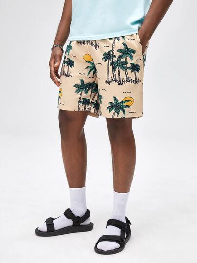 Guys Coconut Tree Print Drawstring Waist Shorts