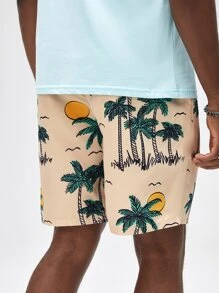 ROMWE MEN 男士椰子樹圖案腰部抽繩短褲 - 彩色 - 查看 3