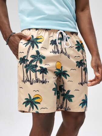 Hombres Shorts con estampado de árbol de coco de cintura con cordón