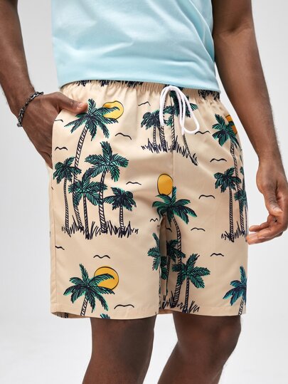 Guys Coconut Tree Print Drawstring Waist Shorts