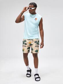 ROMWE MEN 男士椰子樹圖案腰部抽繩短褲 - 彩色 - 查看 4