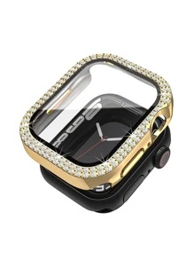 2 In 1 Rhinestone Decor Electroplated Case & Screen Protection Film Compatible With Apple Watch - Gold - View 2