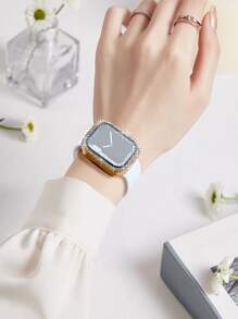 2 In 1 Rhinestone Decor Electroplated Case & Screen Protection Film Compatible With Apple Watch - Gold - View 5