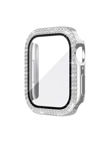 2 In 1 Rhinestone Decor Electroplated Case & Screen Protection Film Compatible With Apple Watch - Silver - View 3