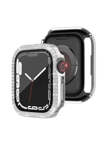 2 In 1 Rhinestone Decor Electroplated Case & Screen Protection Film Compatible With Apple Watch - Silver - View 4