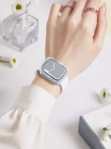 2 In 1 Rhinestone Decor Electroplated Case & Screen Protection Film Compatible With Apple Watch - Silver - View 5