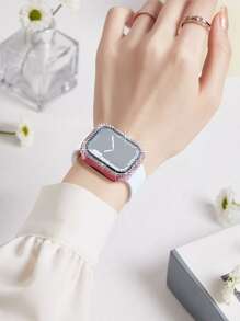 Trang trí Rhinestone 2 trong 1 Vỏ mạ điện & Phim bảo vệ màn hình Tương thích với Apple Watch - Hồng - Xem 5