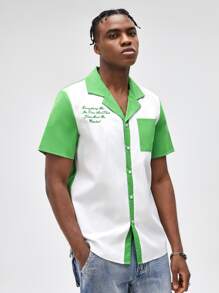 ROMWE MEN Hombres Camisa con estampado de slogan de color combinado - Multicolor - Ver 1