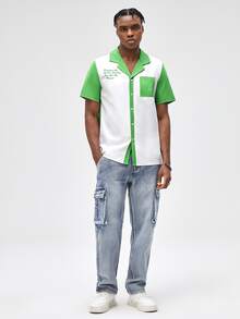 ROMWE MEN Hombres Camisa con estampado de slogan de color combinado - Multicolor - Ver 4