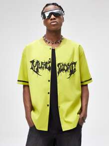 ROMWE MEN Guys Letter Graphic Contrast Trim Shirt - Lime Green - View 1